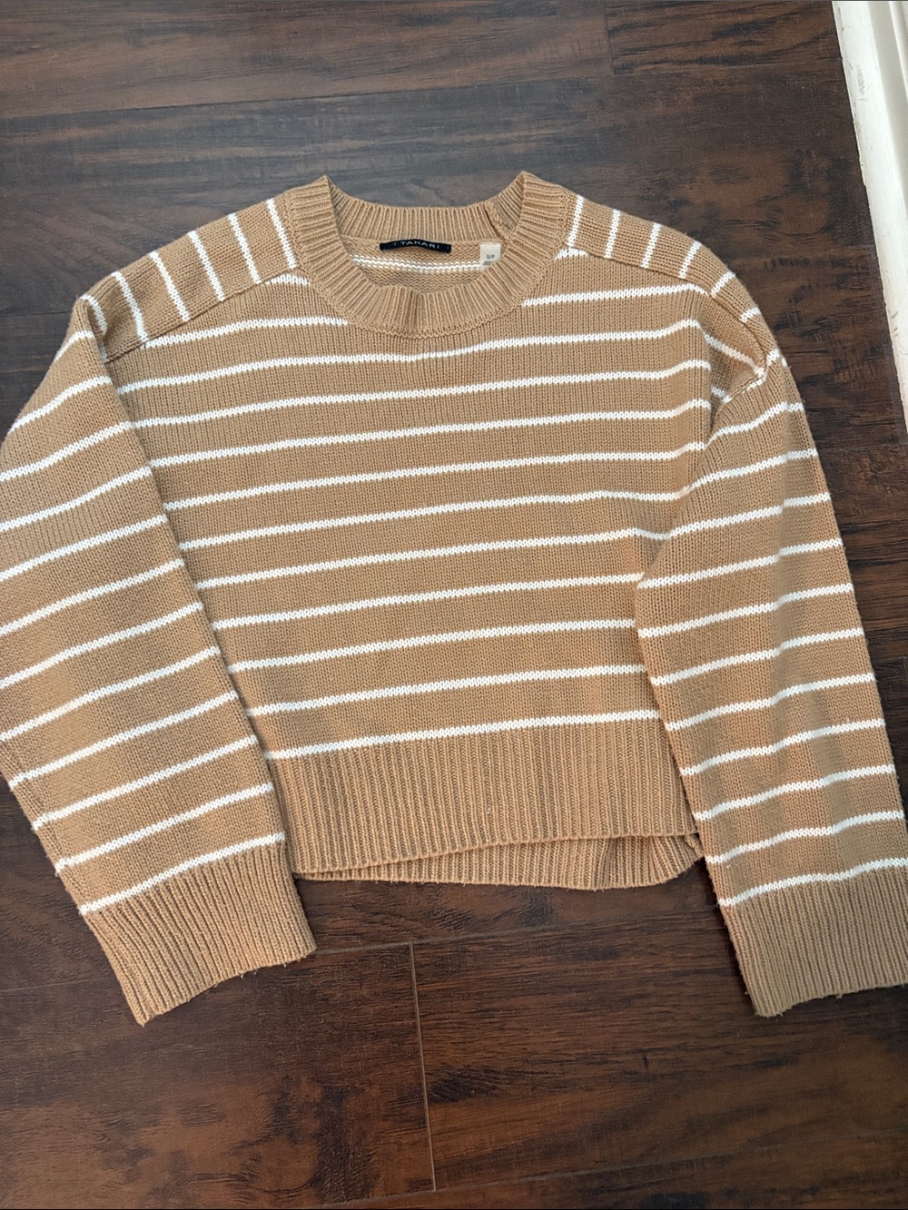 T Tahari Camel and White Striped Cropped Crewneck Sweater